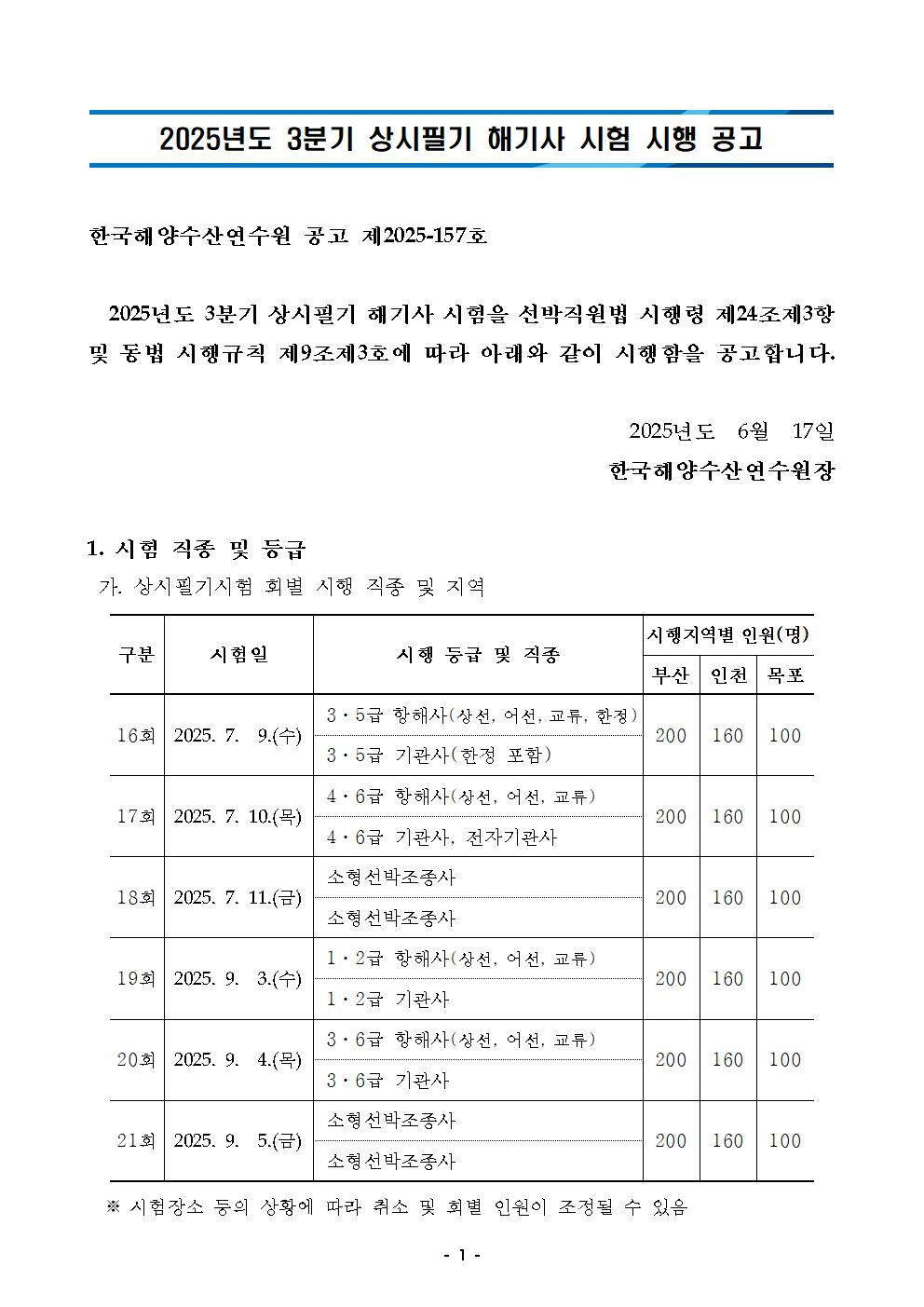 2025년도 3분기 상시필기 해기사 시험 시행 공고 홍보