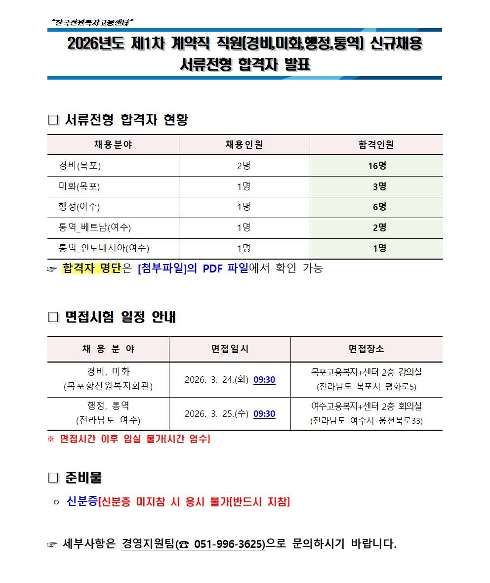 2026년도 제1차 계약직 직원(경비,미화,행정,통역) 신규채용 서류전형 합격자 발표