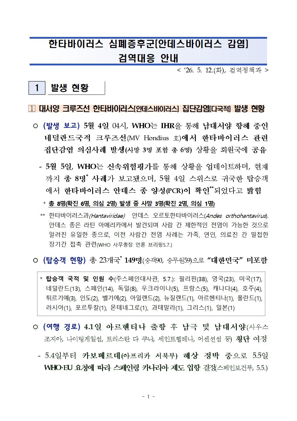한타바이러스 심폐증후군(안데스바이러스 감염) 검역대응 안내